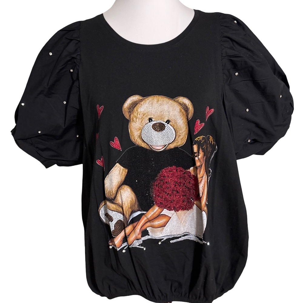 La’maxx Chic Black Blouse with Bear and Heart Design with Puff Sleeves